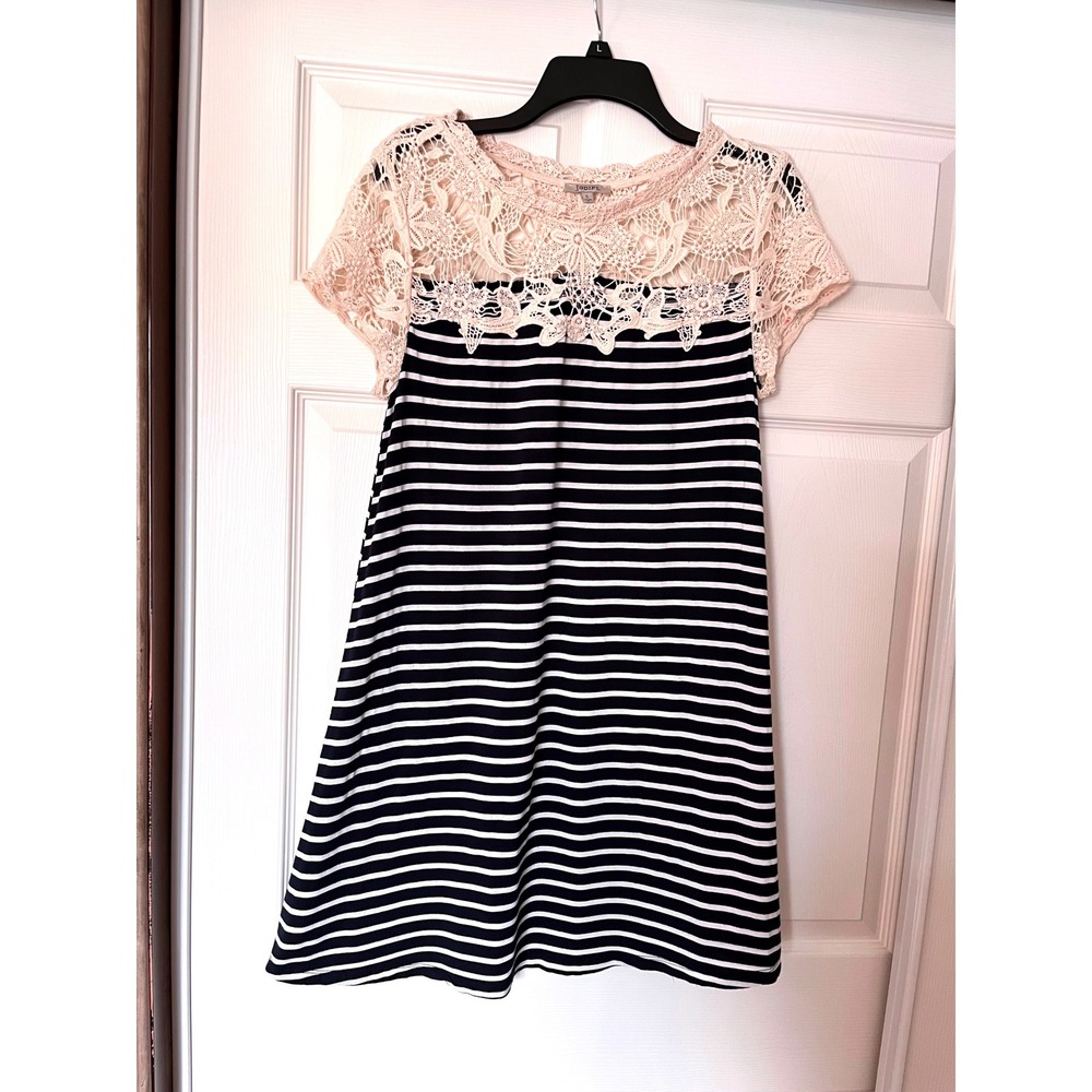 Jodifl Navy White Striped Crochet Lace Yoke Mini Dress Small